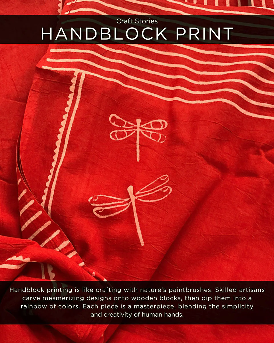 Dragonfly Love Handblockprinted Cotton Saree - Image 3