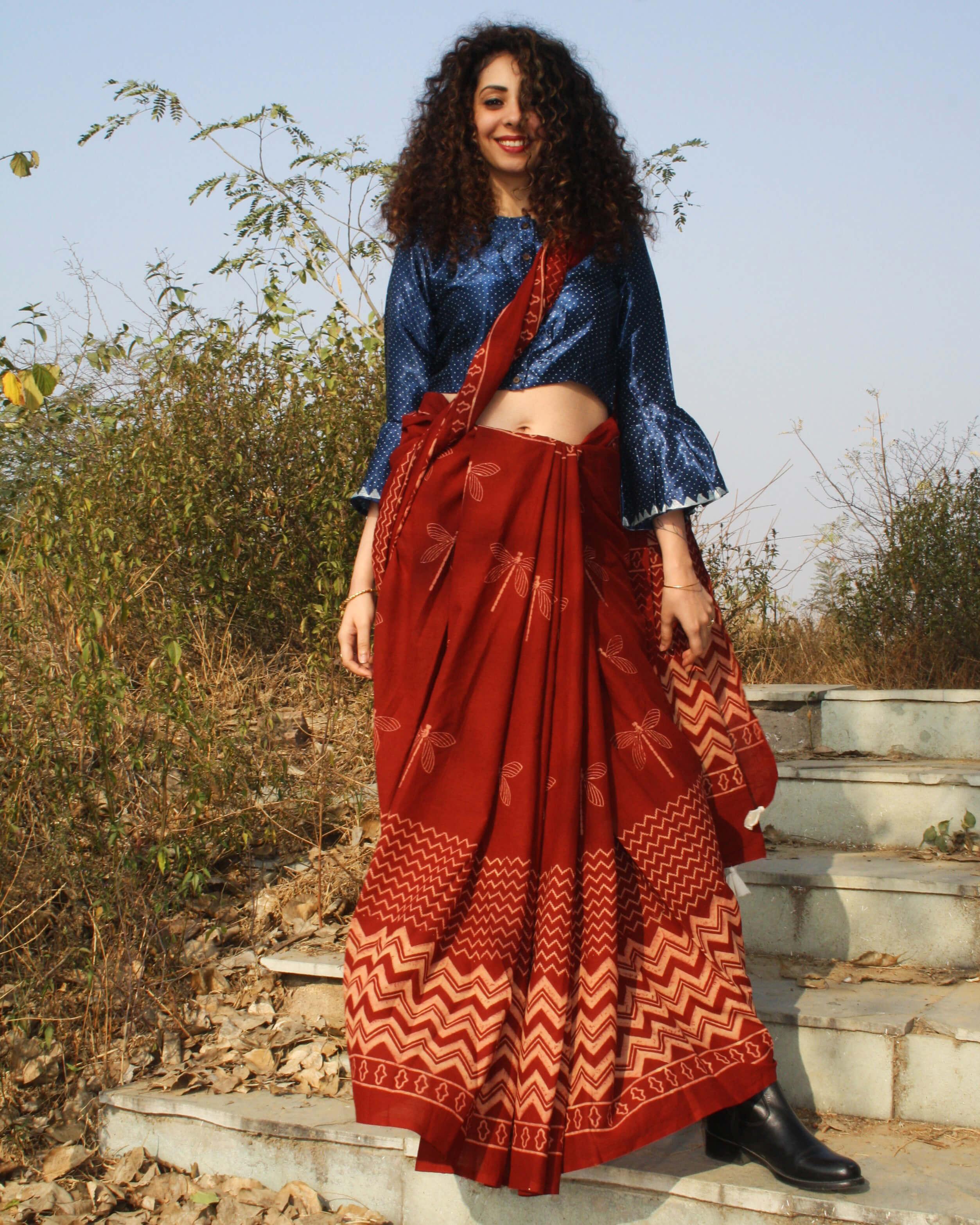Dragonfly Charm Handblockprinted Cotton Saree - Image 2