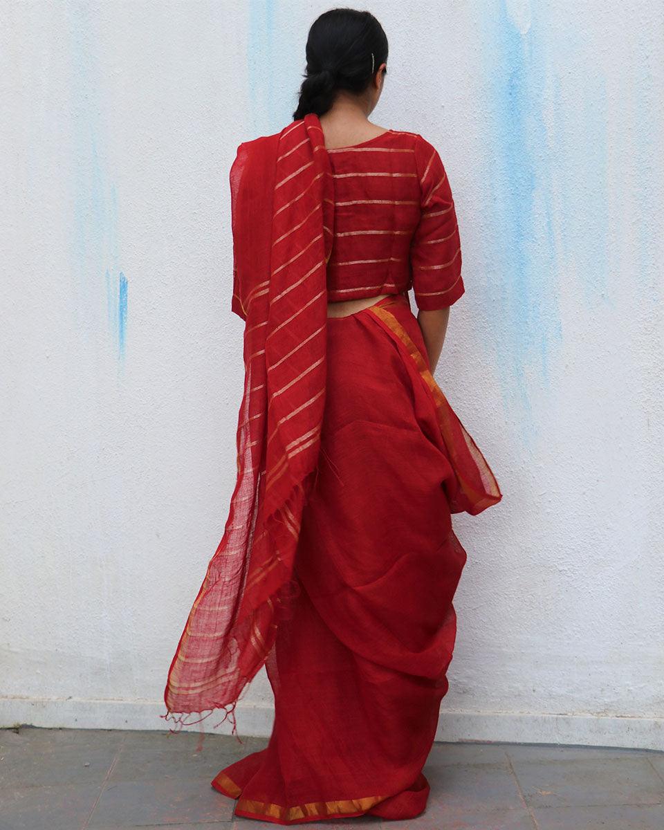 Red Charm Handwoven Linen Saree - Everyday Beautiful - Image 5