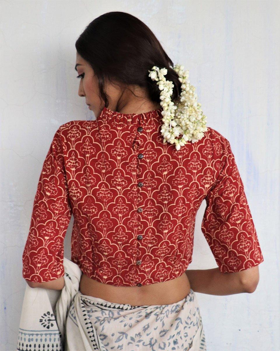 Maroon Frill Neck Handprinted Crop Top Cotton Blouse - God - Image 4