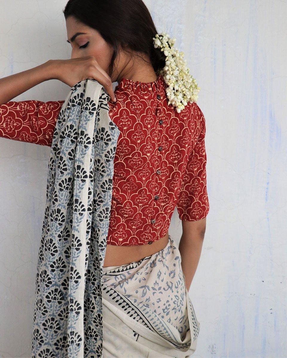 Maroon Frill Neck Handprinted Crop Top Cotton Blouse - God - Image 5