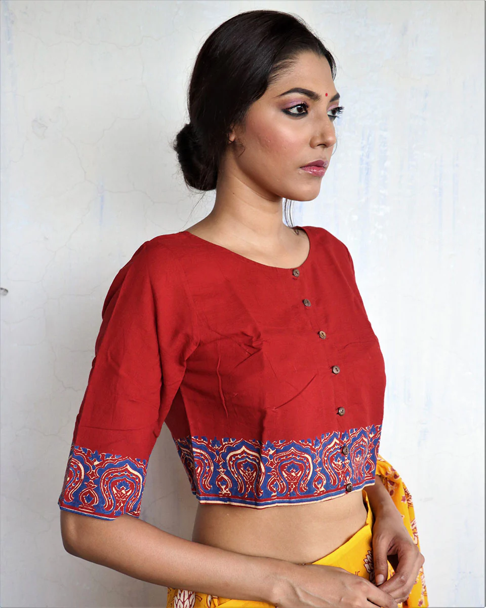 Marron Handprinted Cotton Crop Top Blouse - God - Image 2