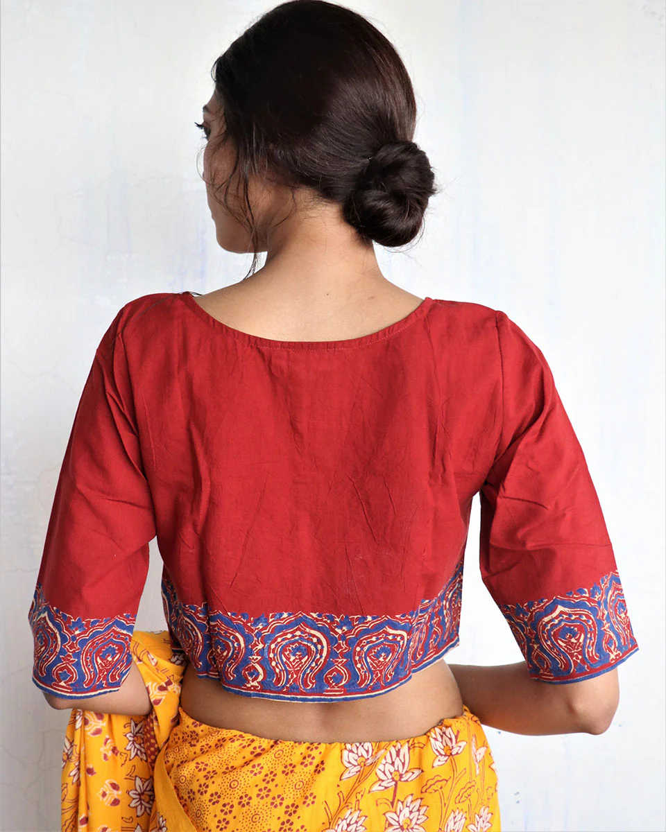 Marron Handprinted Cotton Crop Top Blouse - God - Image 4