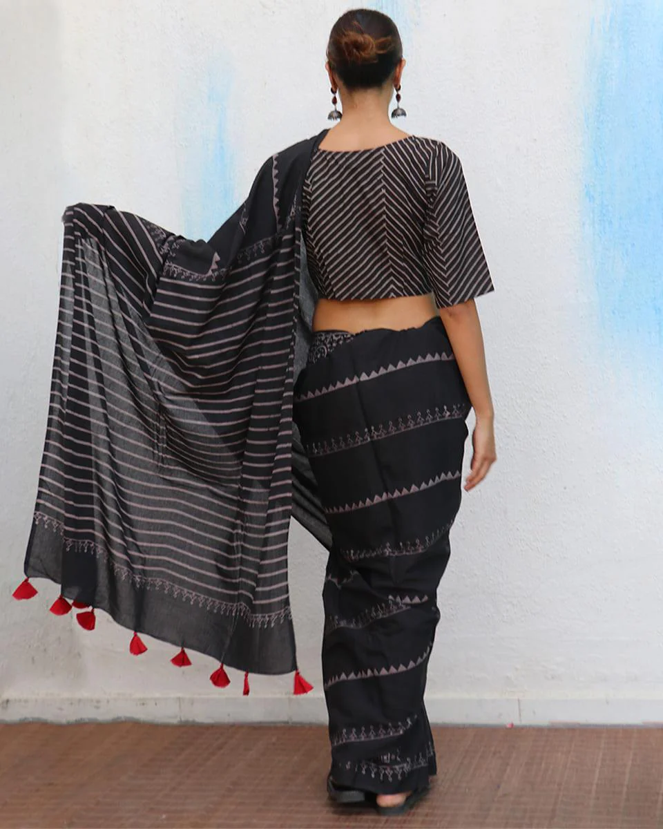 Matilda Hand Blockprinted Cotton Saree - Fmtm - Image 5