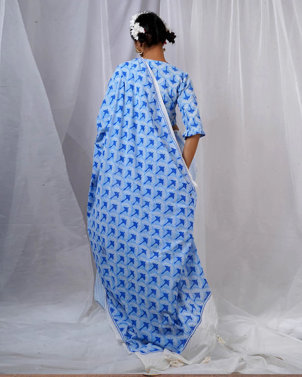 Maya Blue Hand Block Printed Saree-BAD - Image 10