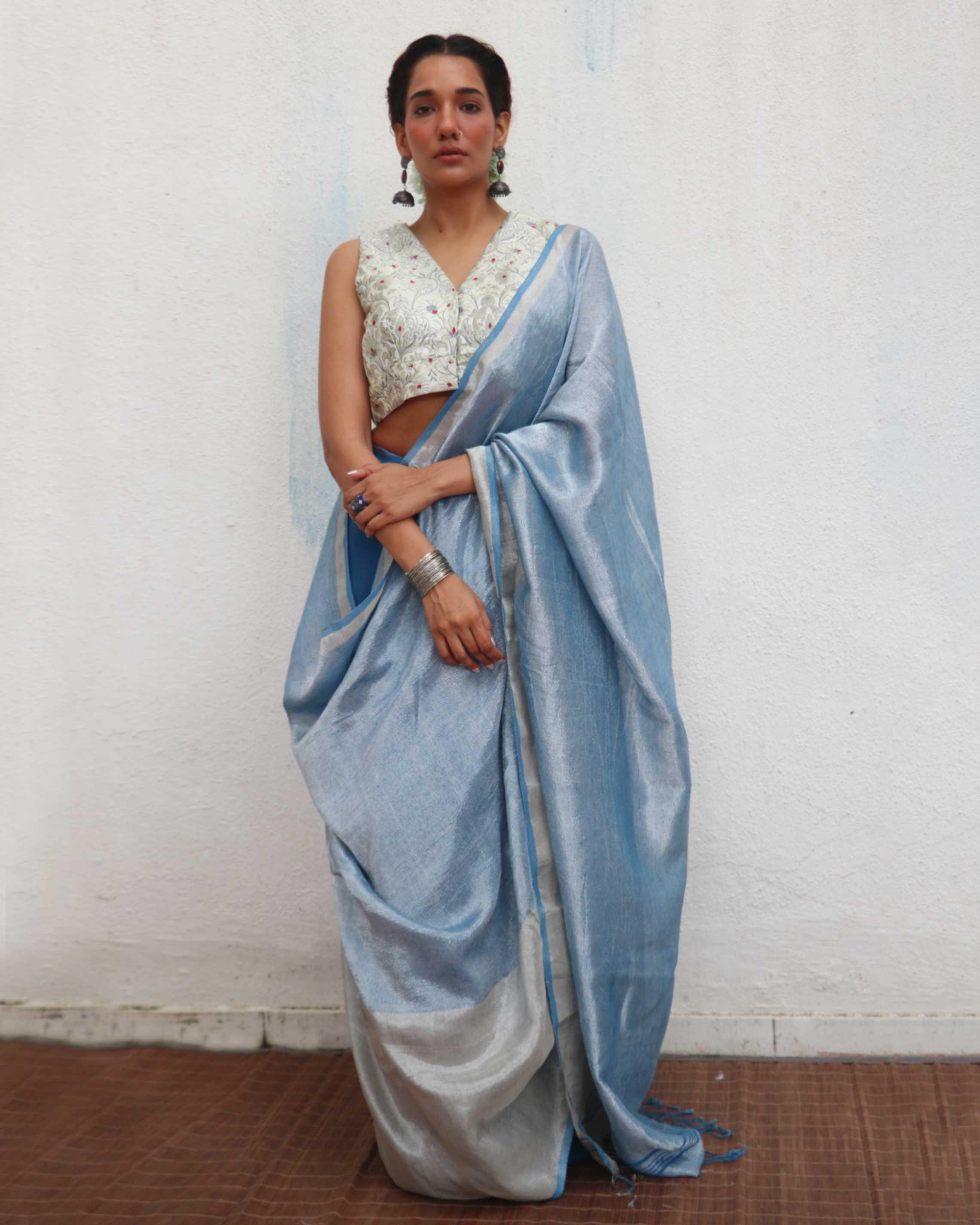 Mazha Blue Handwoven Linen Zari Saree - Jheel - Image 4