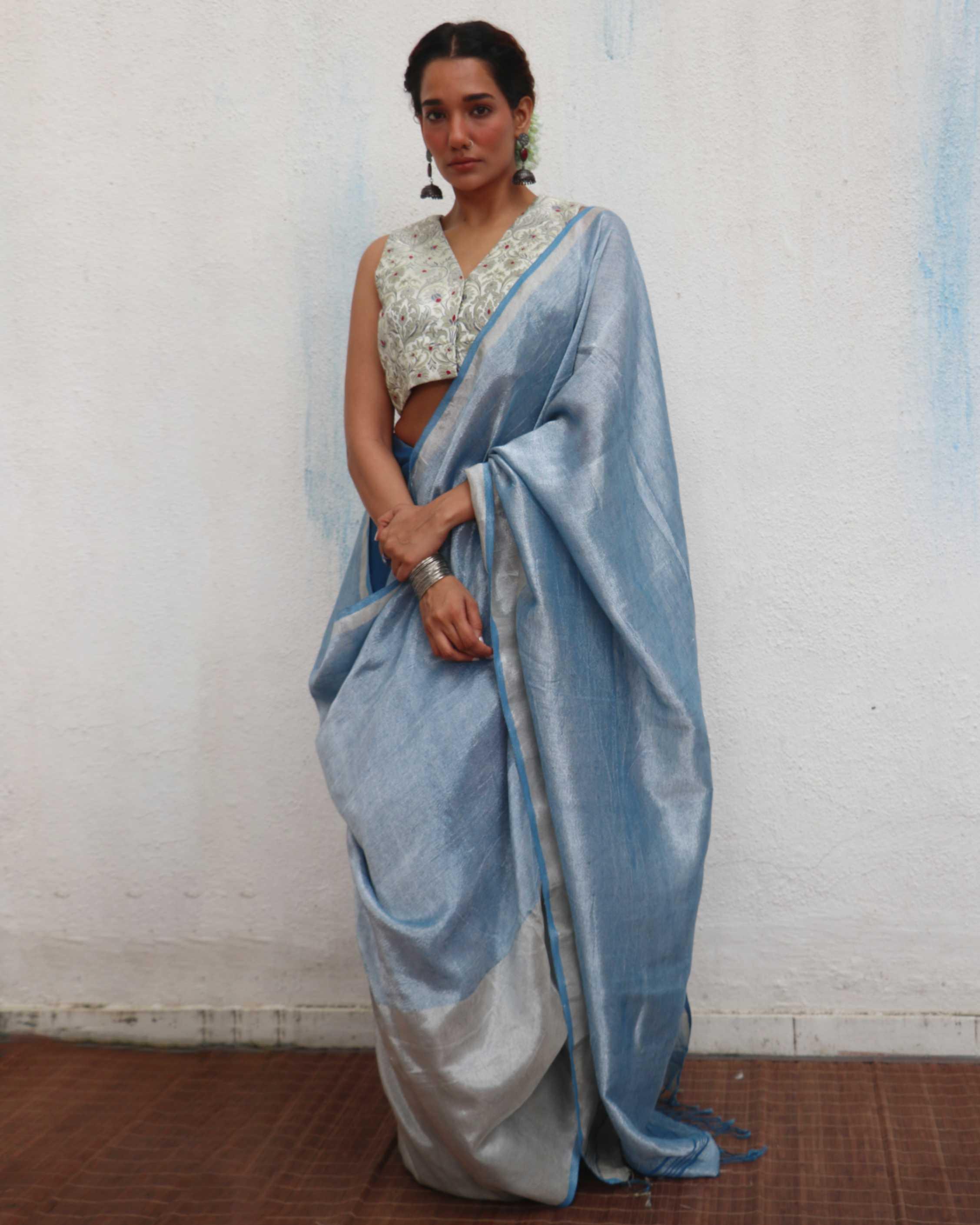Mazha Blue Handwoven Linen Zari Saree - Jheel - Image 5