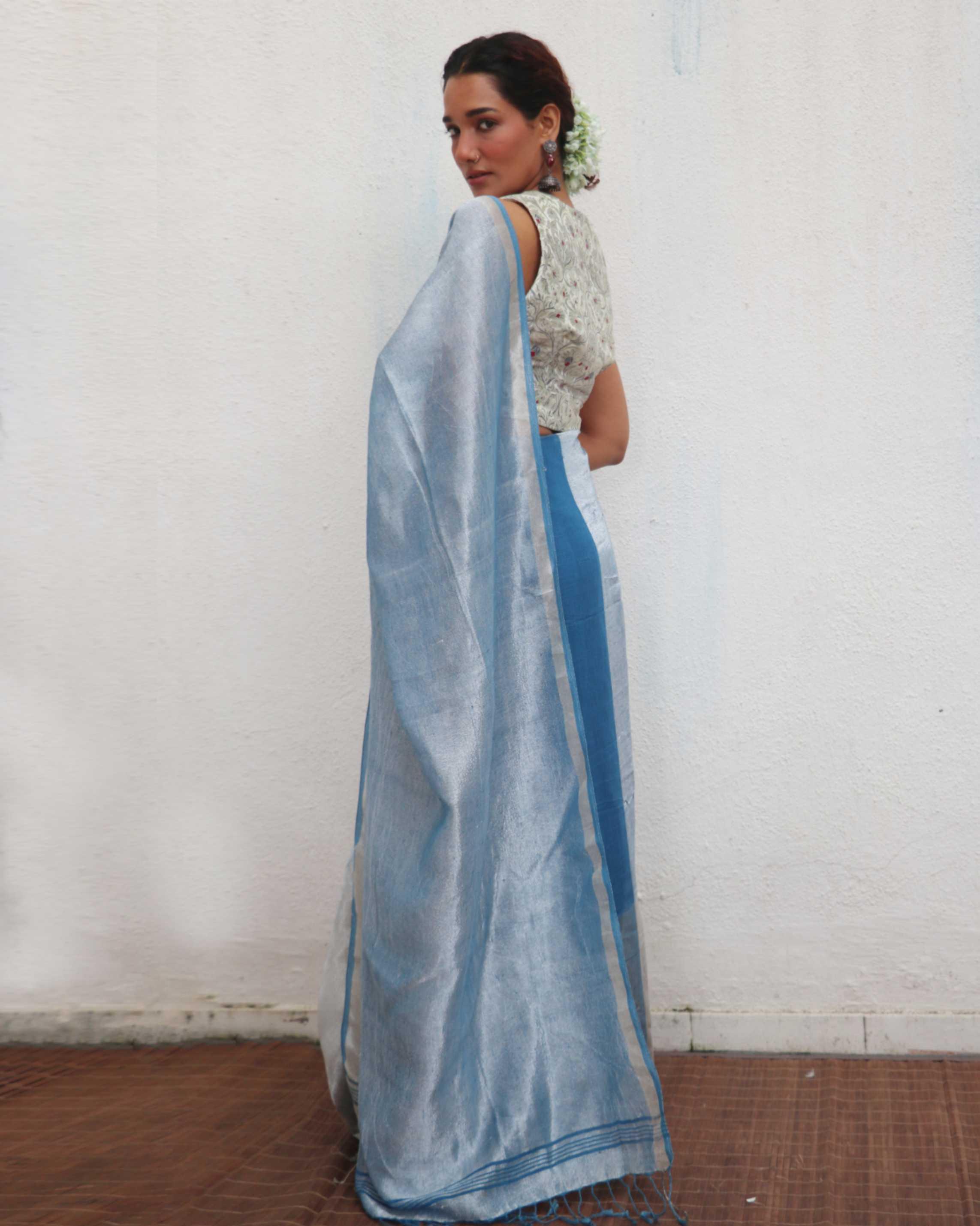 Mazha Blue Handwoven Linen Zari Saree - Jheel - Image 6