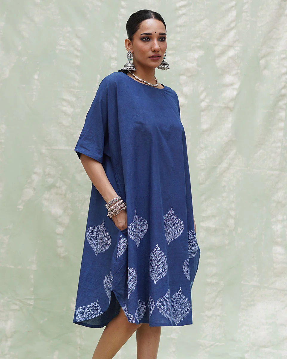 Megh Malhar Blue Handblock Print Cotton Dress - INDI - Image 2