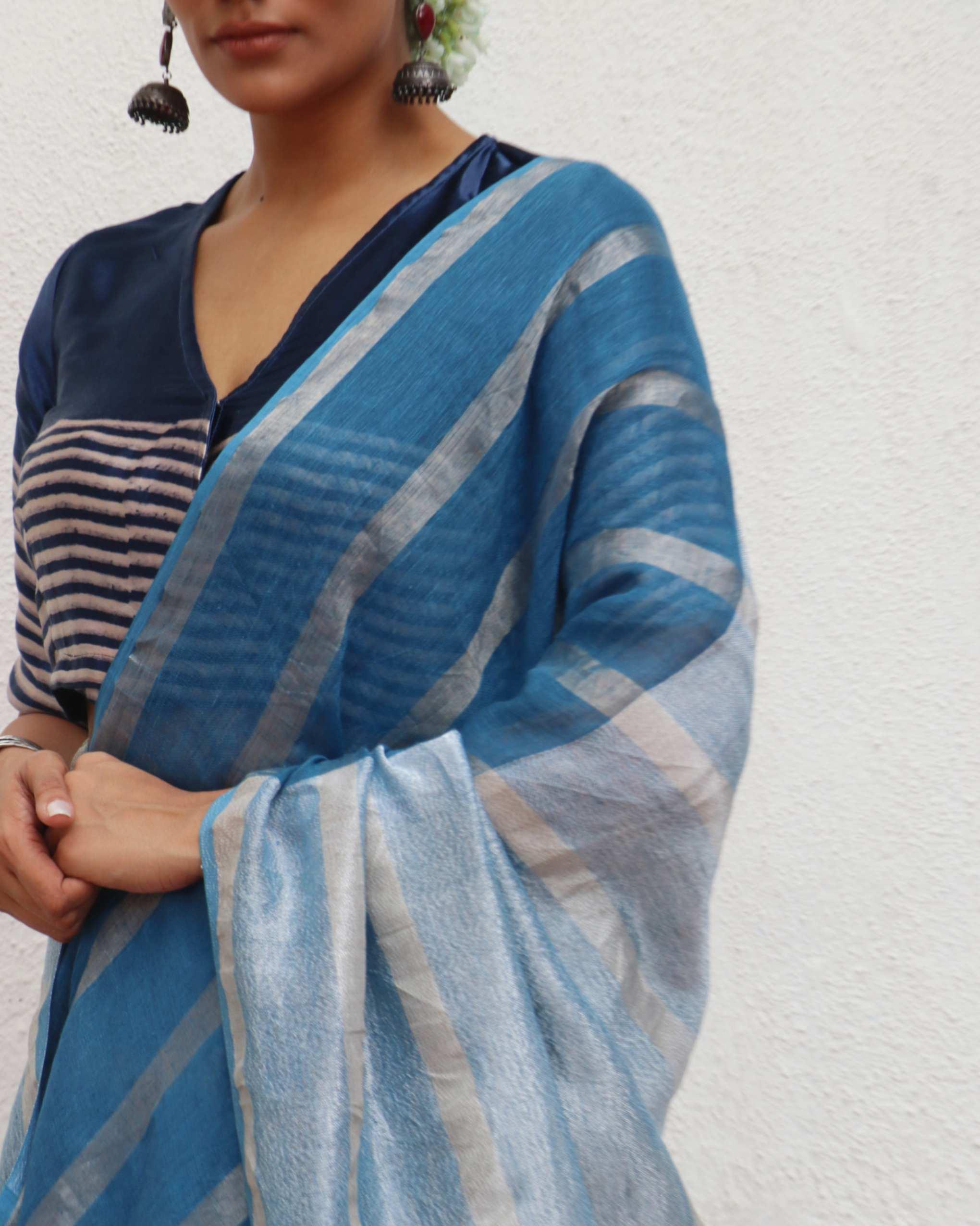 Megha Blue Handwoven Linen Zari Saree - Jheel - Image 5