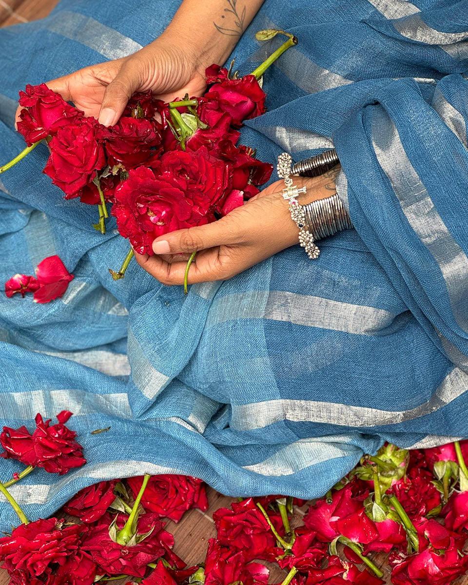 Megha Blue Handwoven Linen Zari Saree - Jheel - Image 7