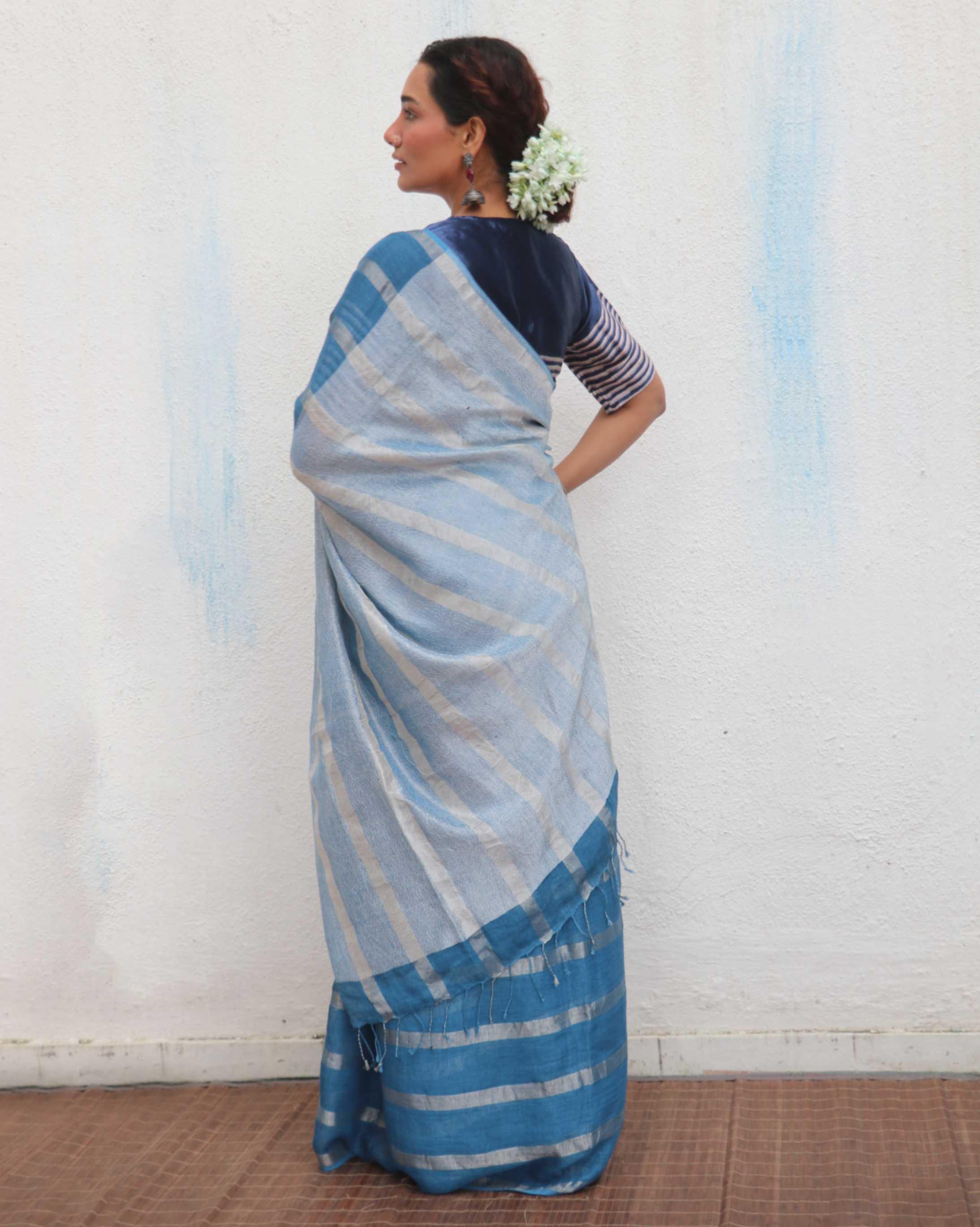 Megha Blue Handwoven Linen Zari Saree - Jheel - Image 8