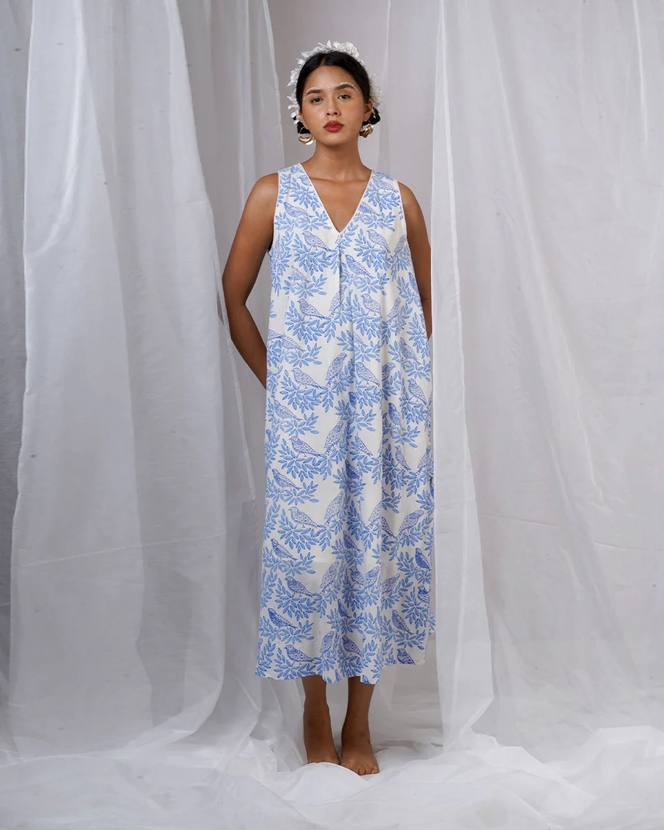 Megha White Hand Block Printed Dress-BAD
