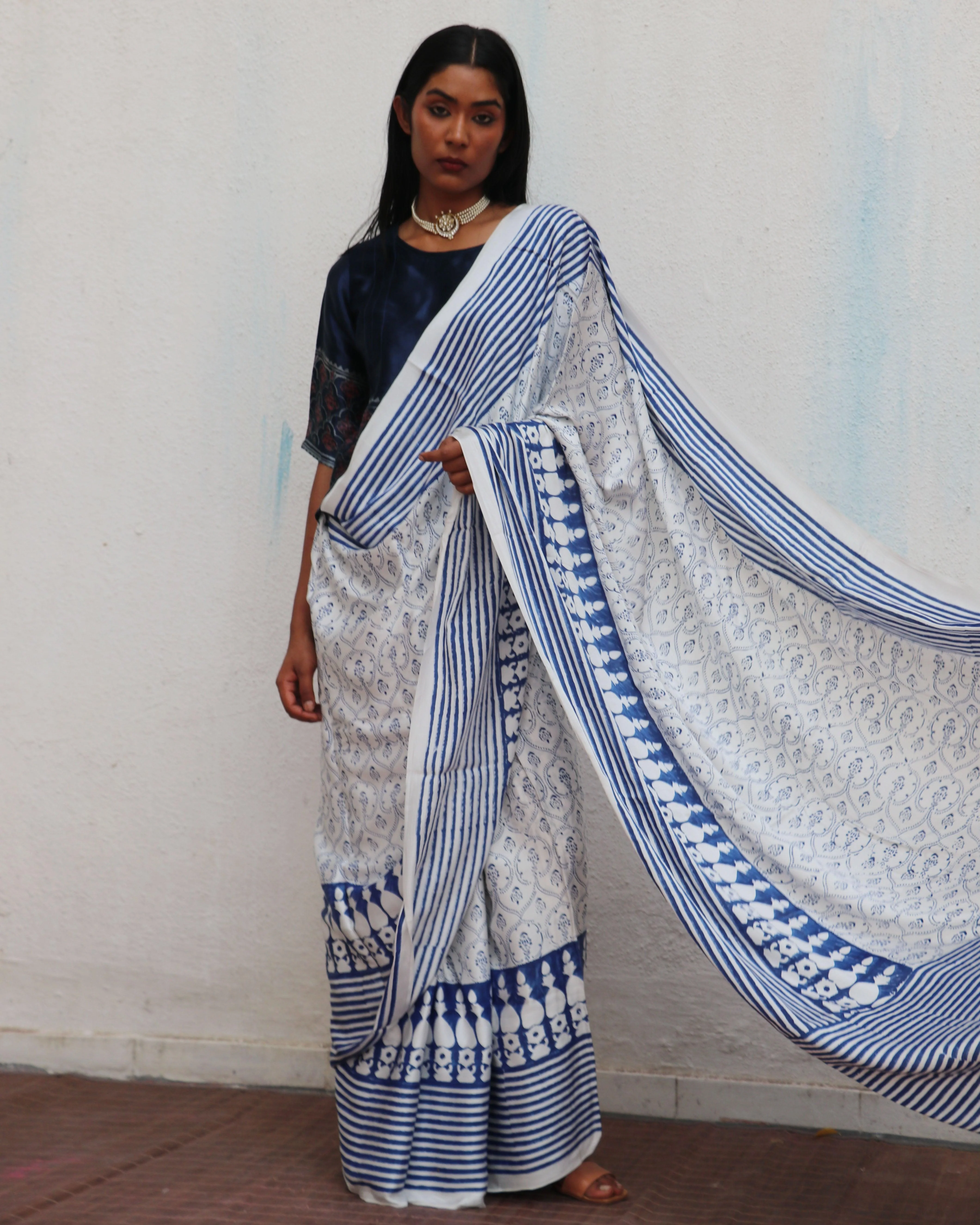 Mia Kara Blockprinted Modal Silk Saree - Image 5