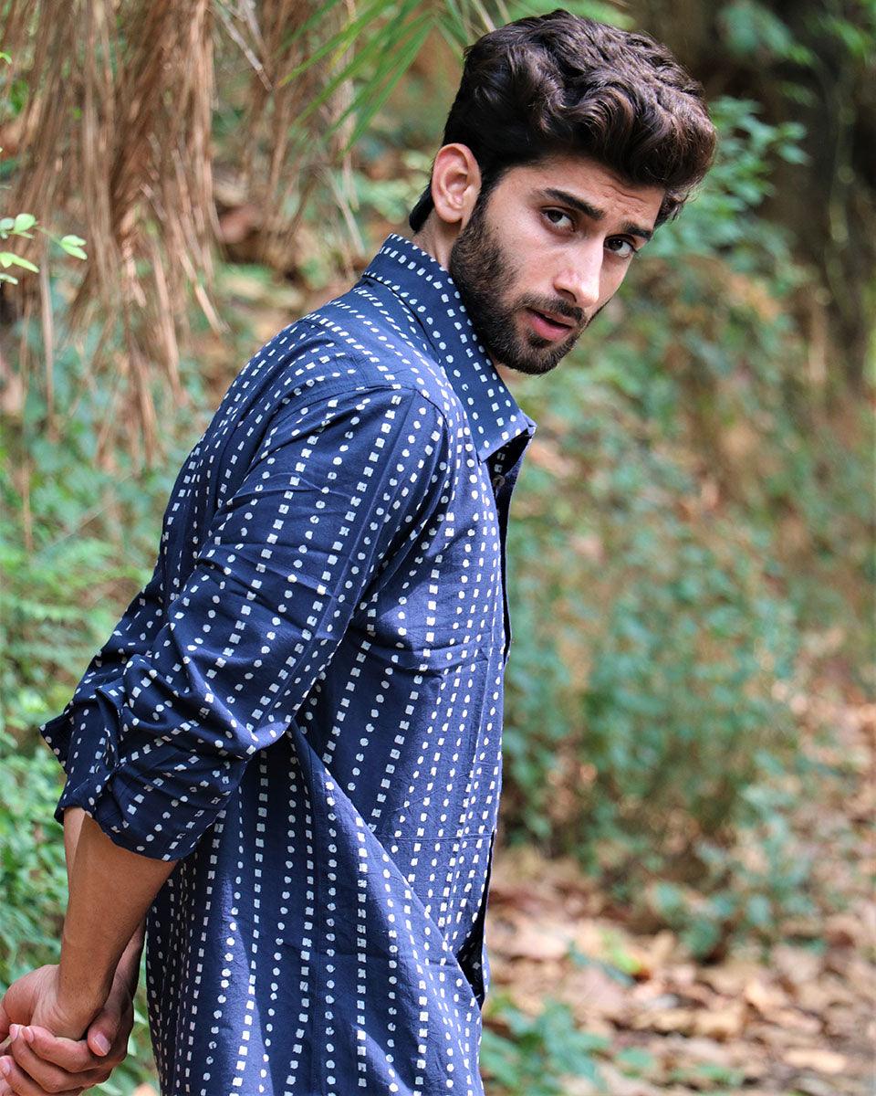 Midnight Blue Block Printed Cotton Shirt - Image 6