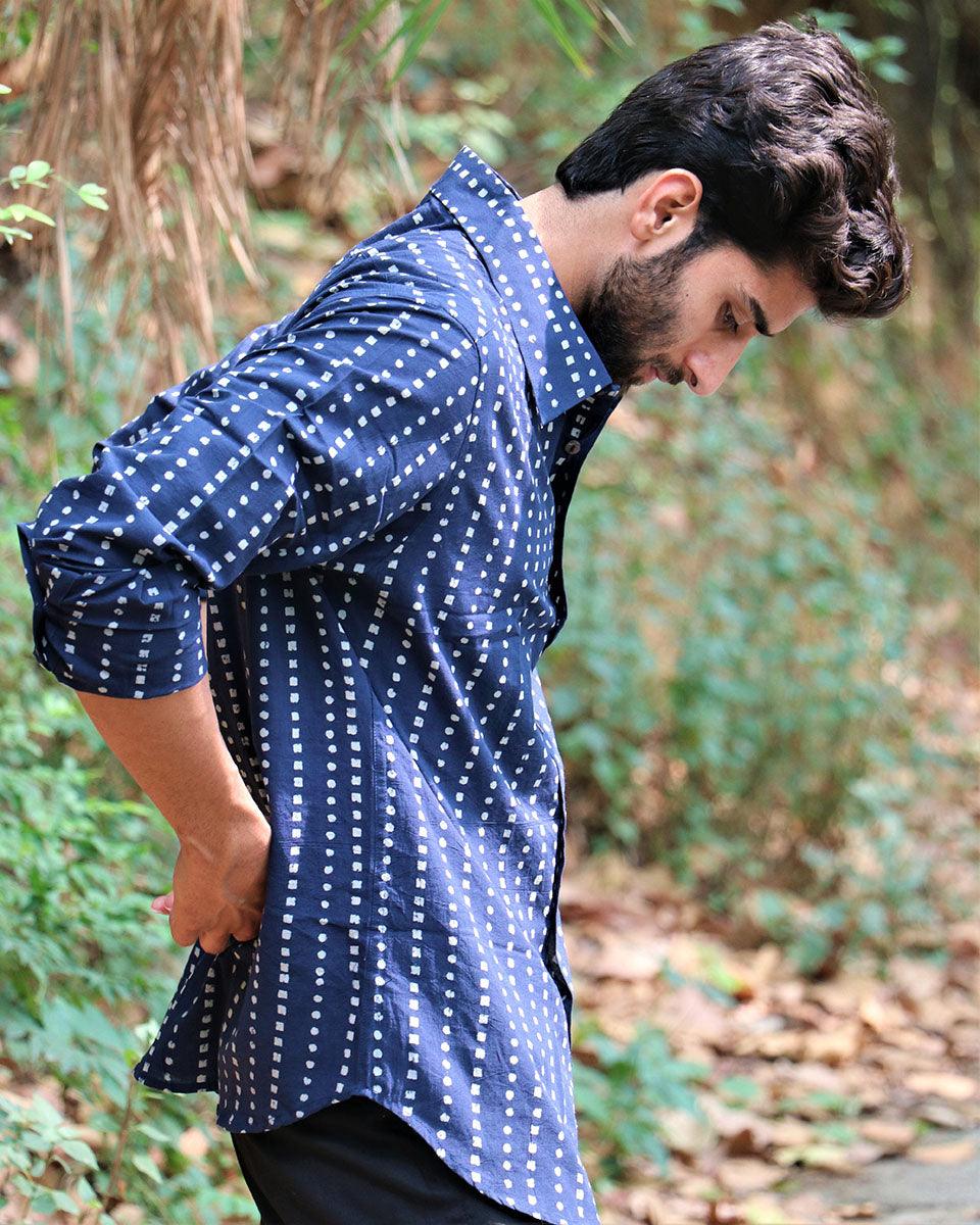 Midnight Blue Block Printed Cotton Shirt - Image 7