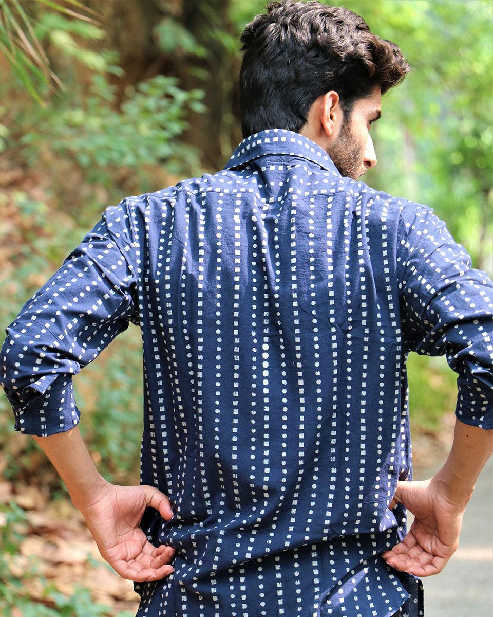 Midnight Blue Block Printed Cotton Shirt - Image 8