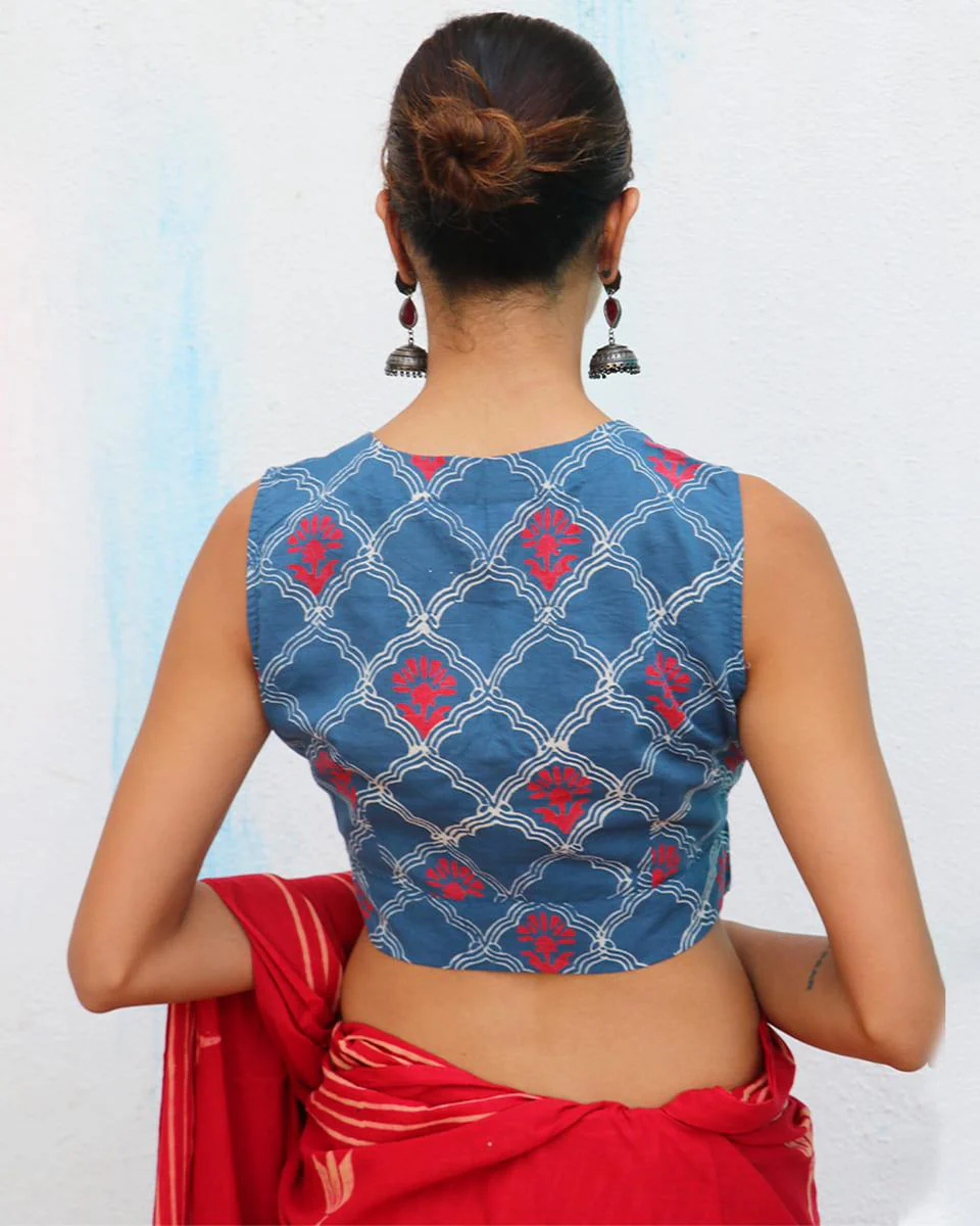 Midnight Floret Hand Block-Printed Cotton Blouse - Neelanjali - Image 3