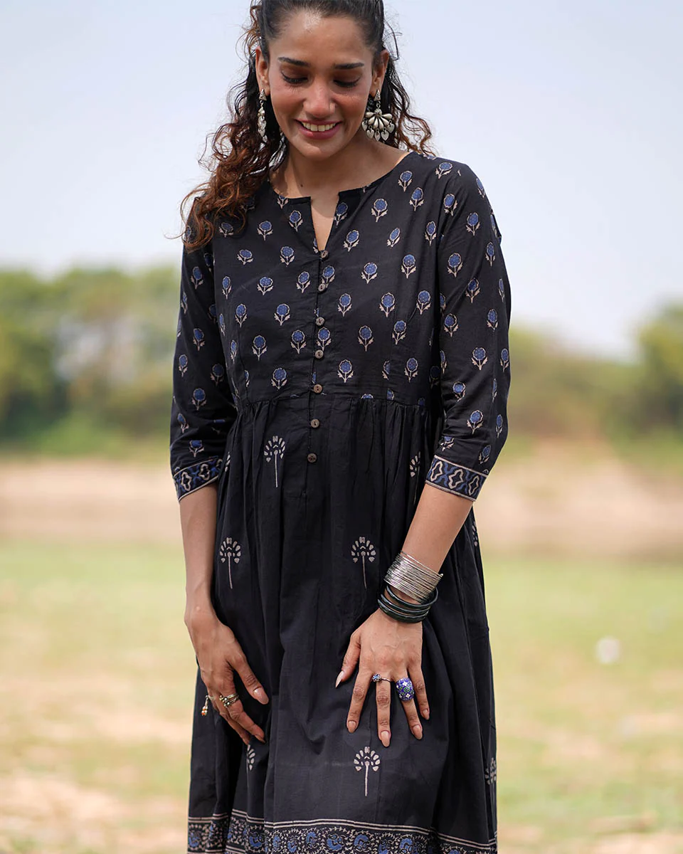 Midnight Garden Blockprinted Cotton Kurta Set-WWB - Image 5