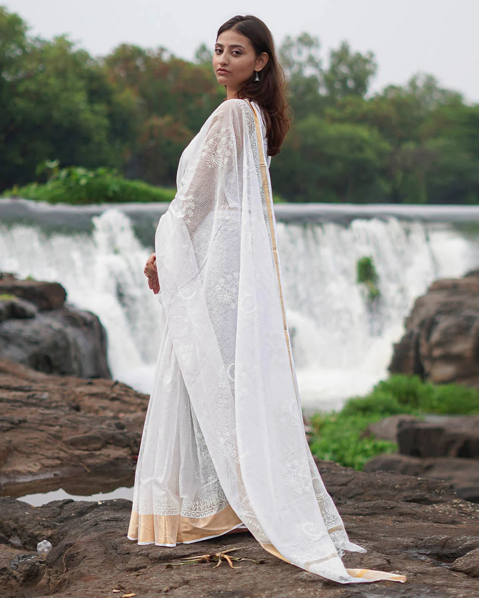 Milk Glass Kota Doria Ivory Block Printed Saree - SFD - Image 2