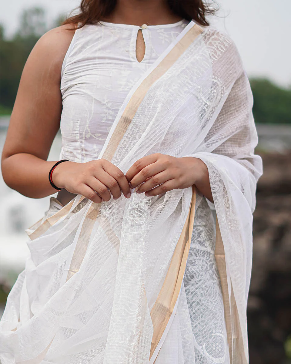 Milk Glass Kota Doria Ivory Block Printed Saree - SFD - Image 4