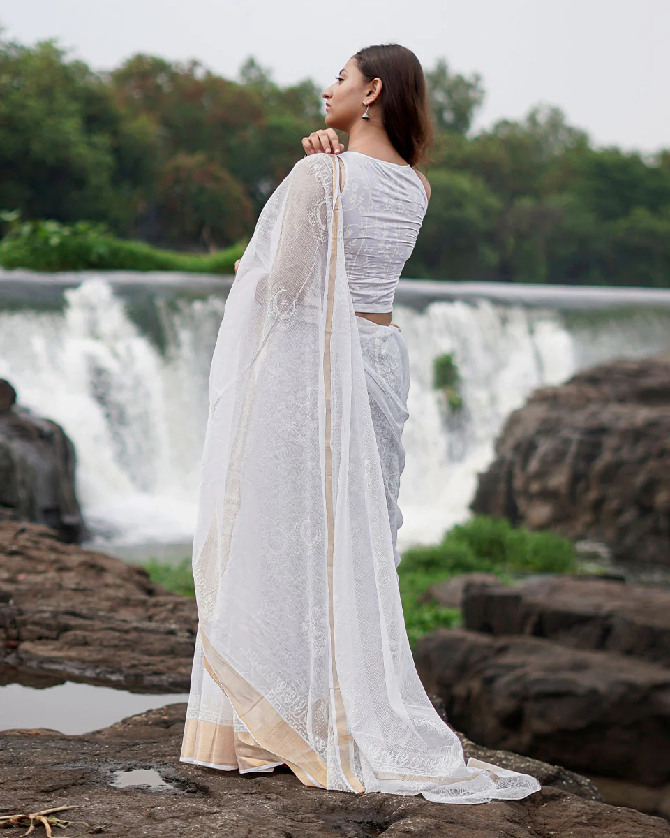 Milk Glass Kota Doria Ivory Block Printed Saree - SFD - Image 5
