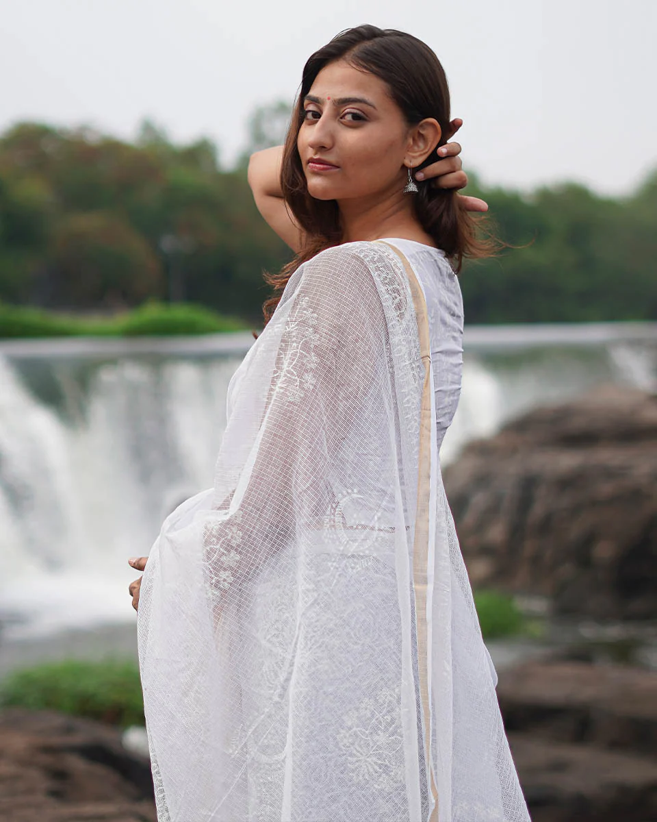 Milk Glass Kota Doria Ivory Block Printed Saree - SFD - Image 6