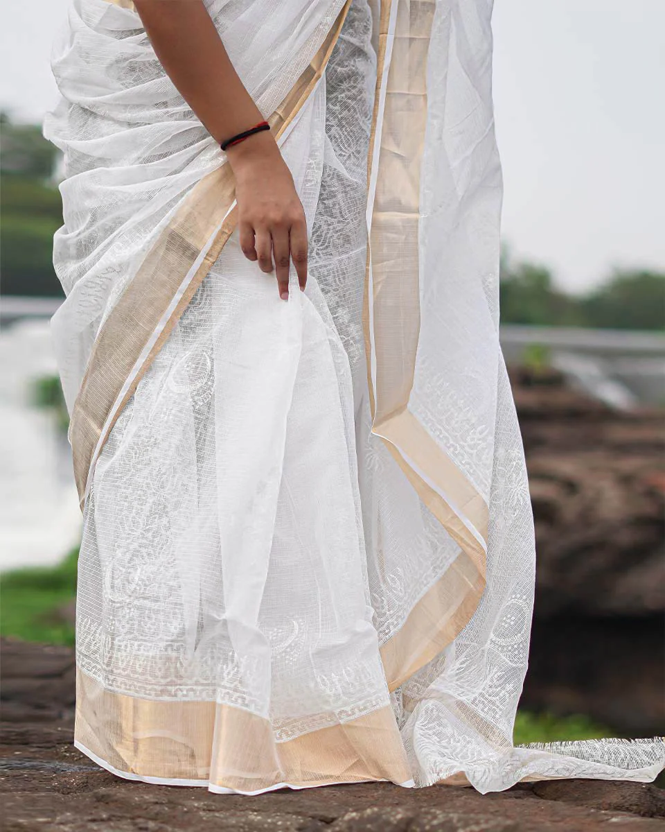 Milk Glass Kota Doria Ivory Block Printed Saree - SFD - Image 7