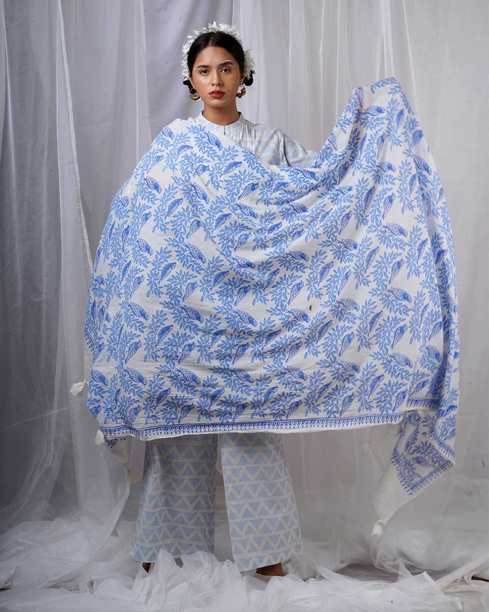 Milu Blue Hand Block Printed Dupatta-BAD