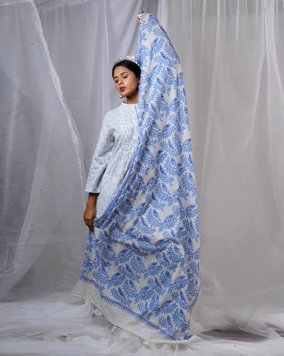 Milu Blue Hand Block Printed Dupatta-BAD - Image 2