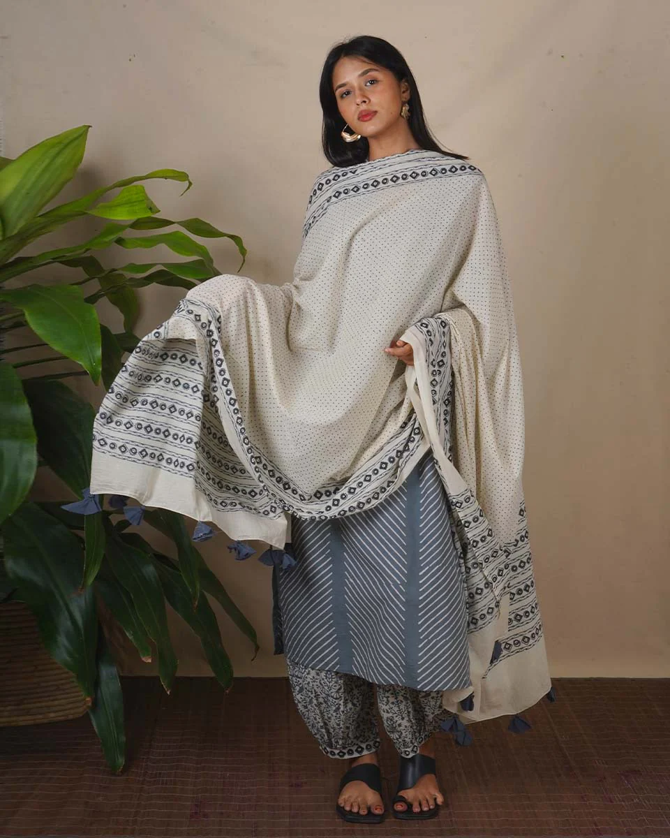 Mirror Grey Ivory Block Printed Dupatta - BMS - Image 4