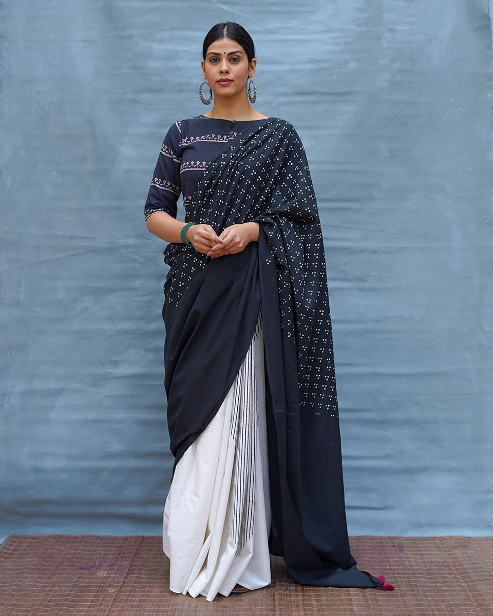 Monochrome Magic Black & White Handblock Print Cotton Saree - MIS