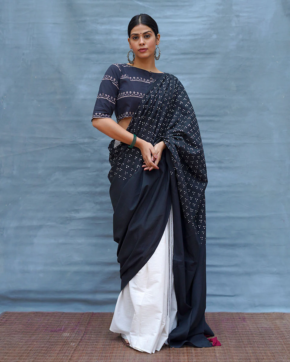 Monochrome Magic Black & White Handblock Print Cotton Saree - MIS - Image 11