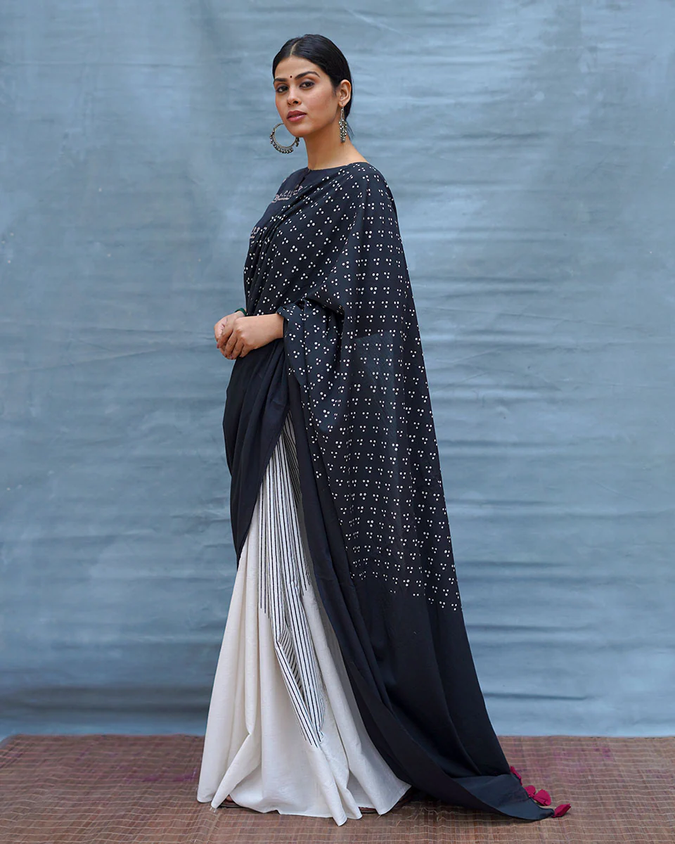 Monochrome Magic Black & White Handblock Print Cotton Saree - MIS - Image 12