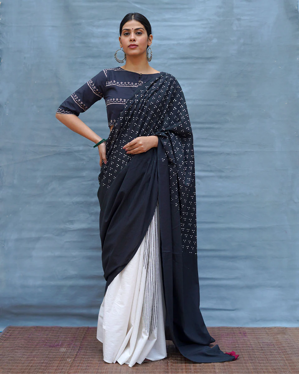 Monochrome Magic Black & White Handblock Print Cotton Saree - MIS - Image 13