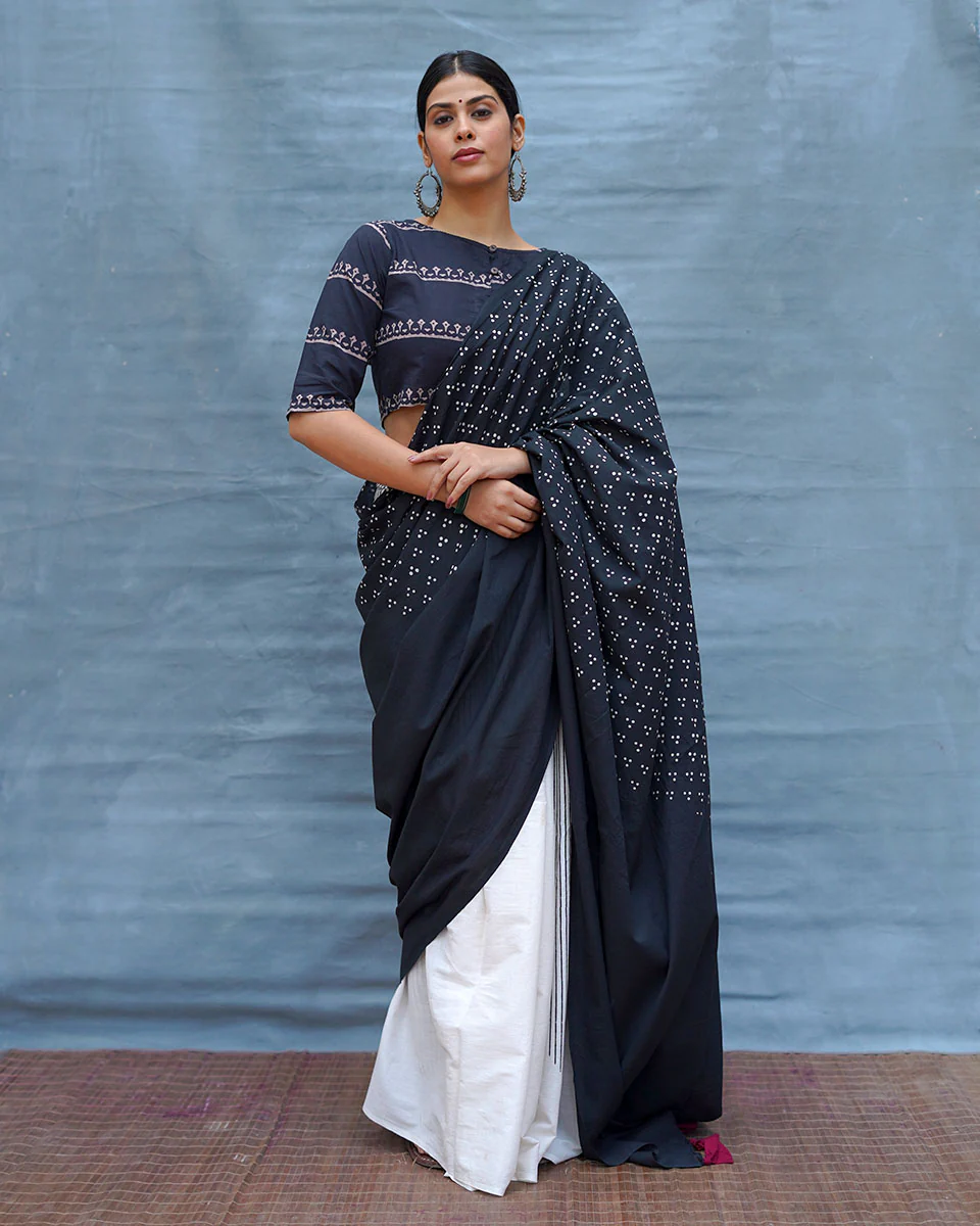 Monochrome Magic Black & White Handblock Print Cotton Saree - MIS - Image 2