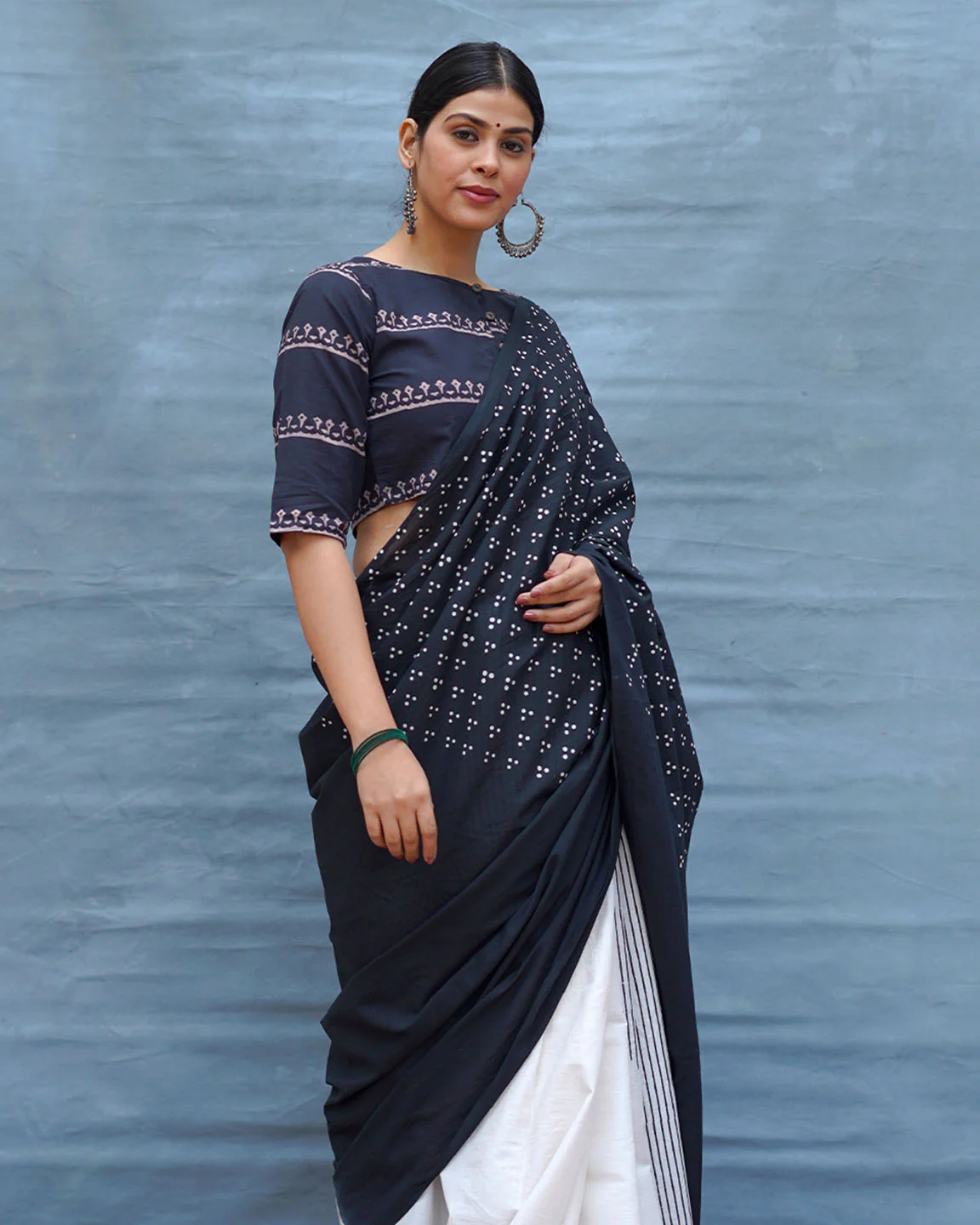 Monochrome Magic Black & White Handblock Print Cotton Saree - MIS - Image 3