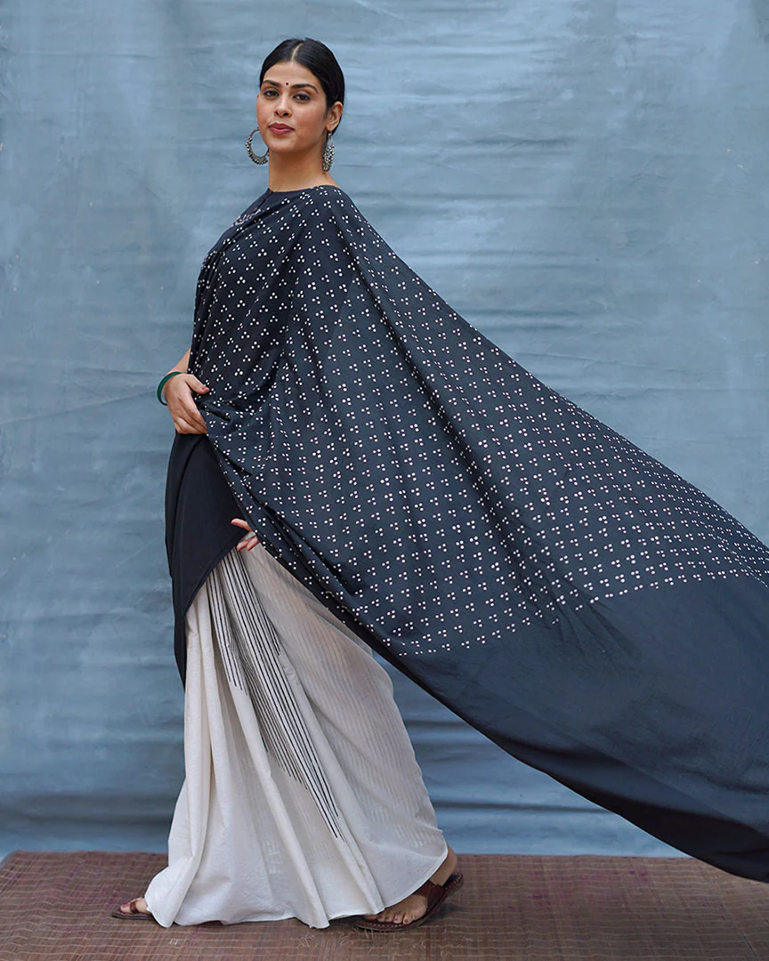 Monochrome Magic Black & White Handblock Print Cotton Saree - MIS - Image 8