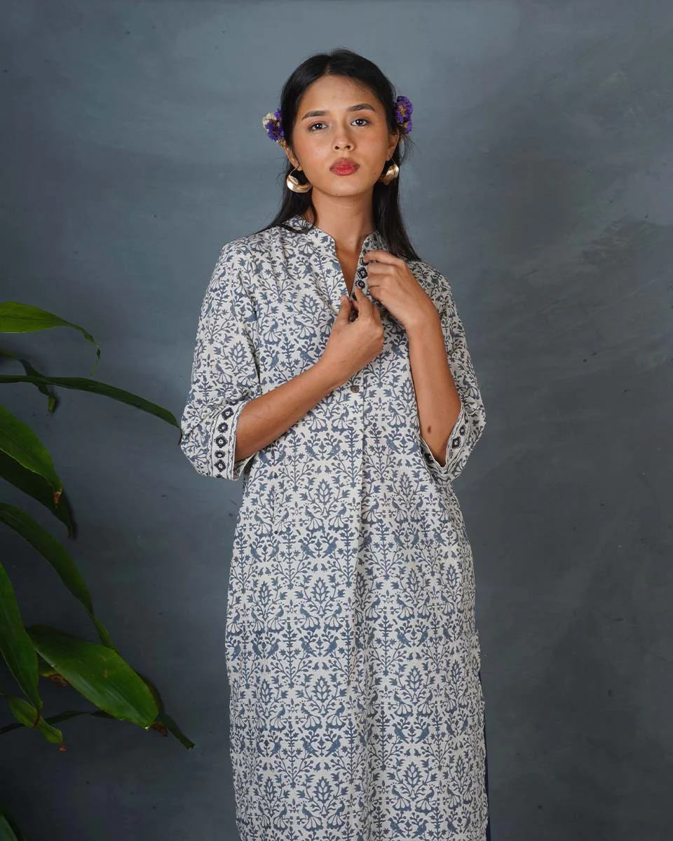 Monsoon Sea Grey Block Printed Cotton Kurti - BMS - Image 10