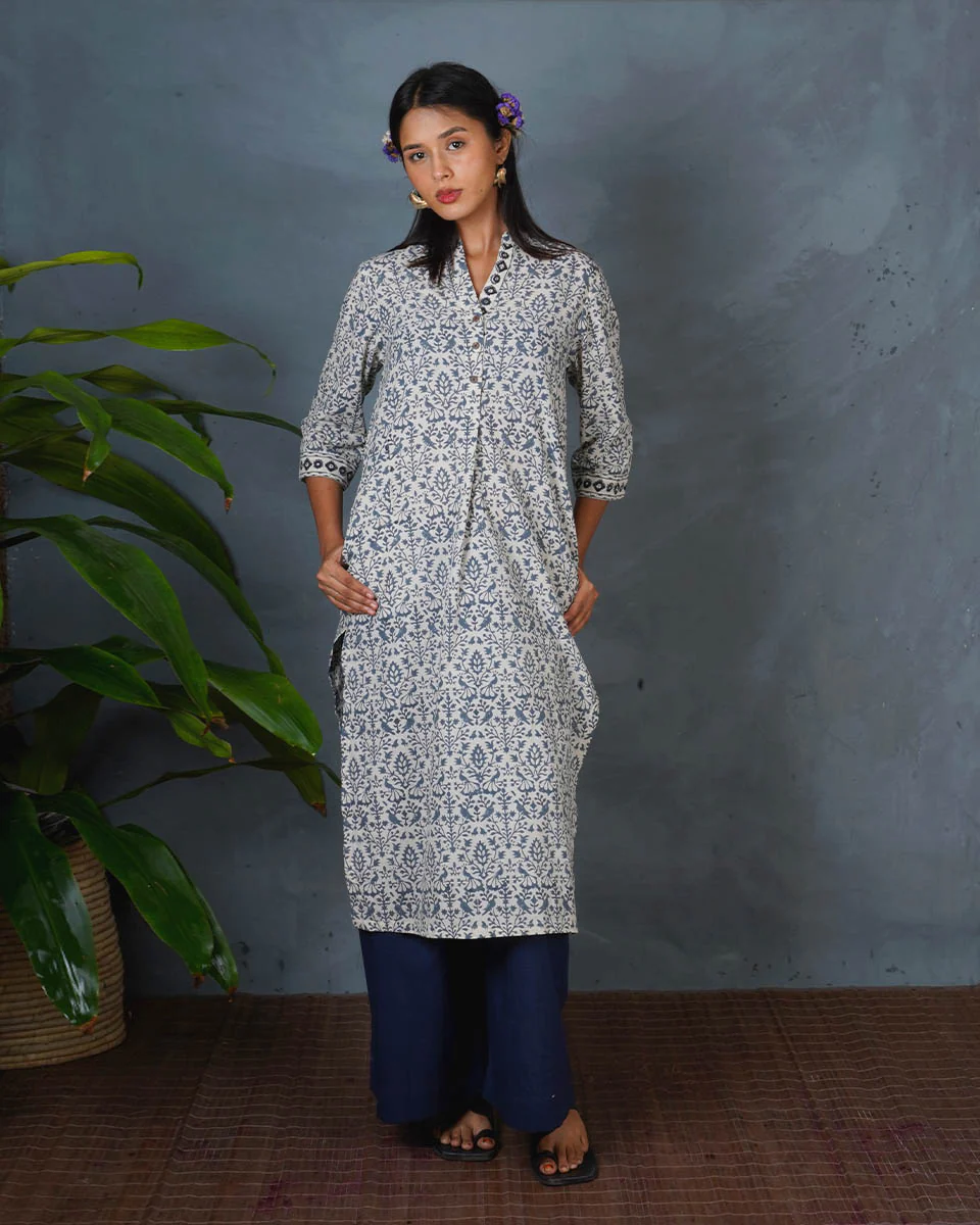 Monsoon Sea Grey Block Printed Cotton Kurti - BMS - Image 5