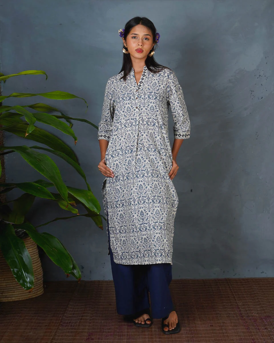 Monsoon Sea Grey Block Printed Cotton Kurti - BMS - Image 6