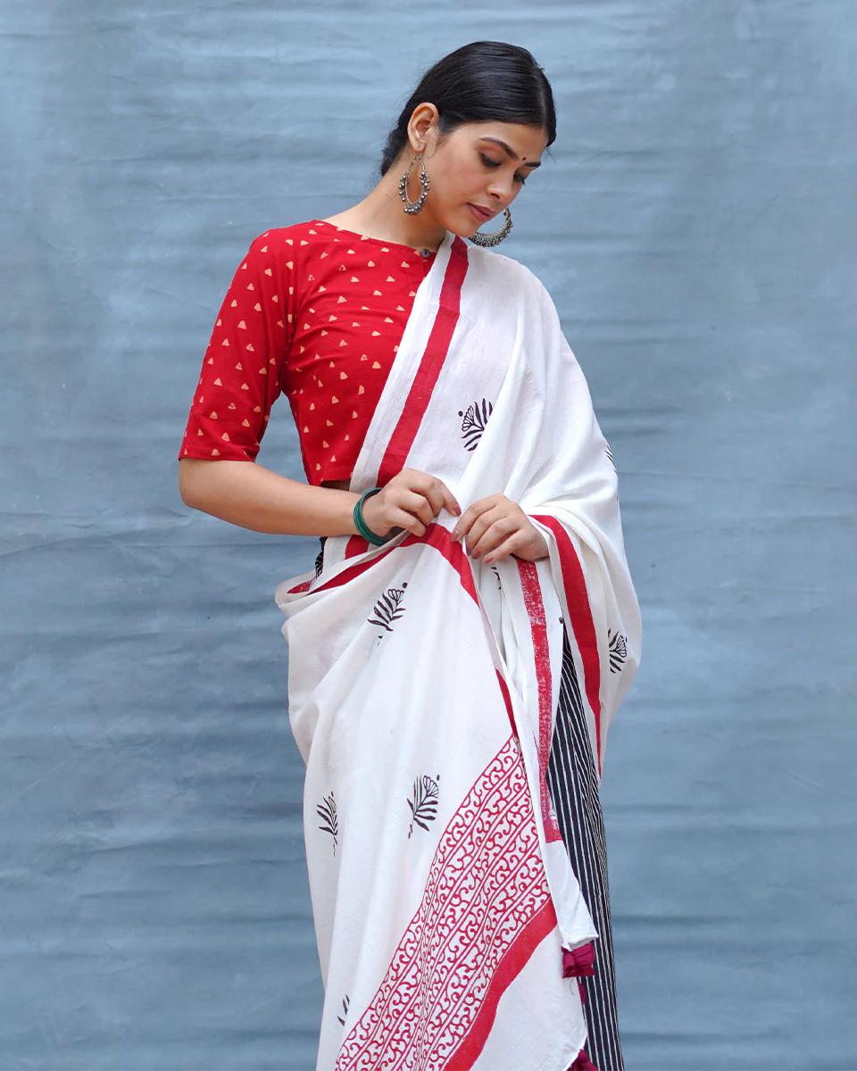 Moon & Mist Black & White Handblock Print Cotton Saree - MIS - Image 10