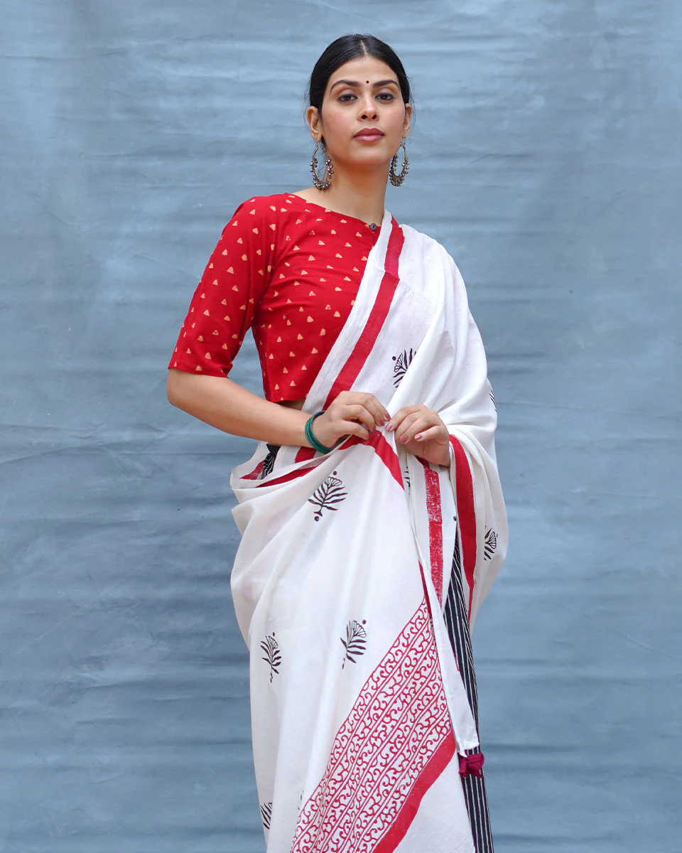 Moon & Mist Black & White Handblock Print Cotton Saree - MIS - Image 11