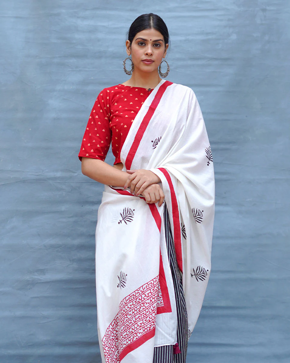 Moon & Mist Black & White Handblock Print Cotton Saree - MIS - Image 12