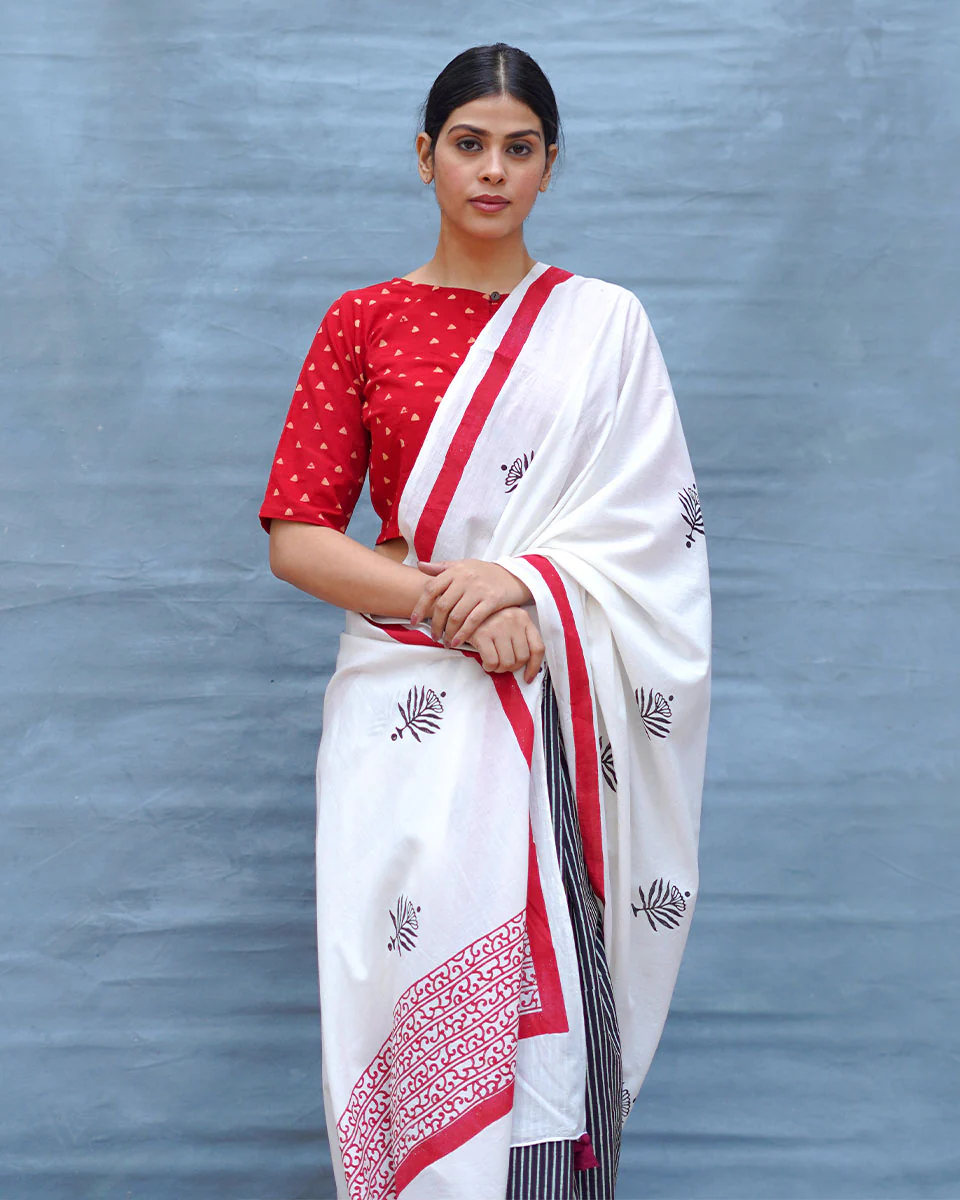 Moon & Mist Black & White Handblock Print Cotton Saree - MIS - Image 8