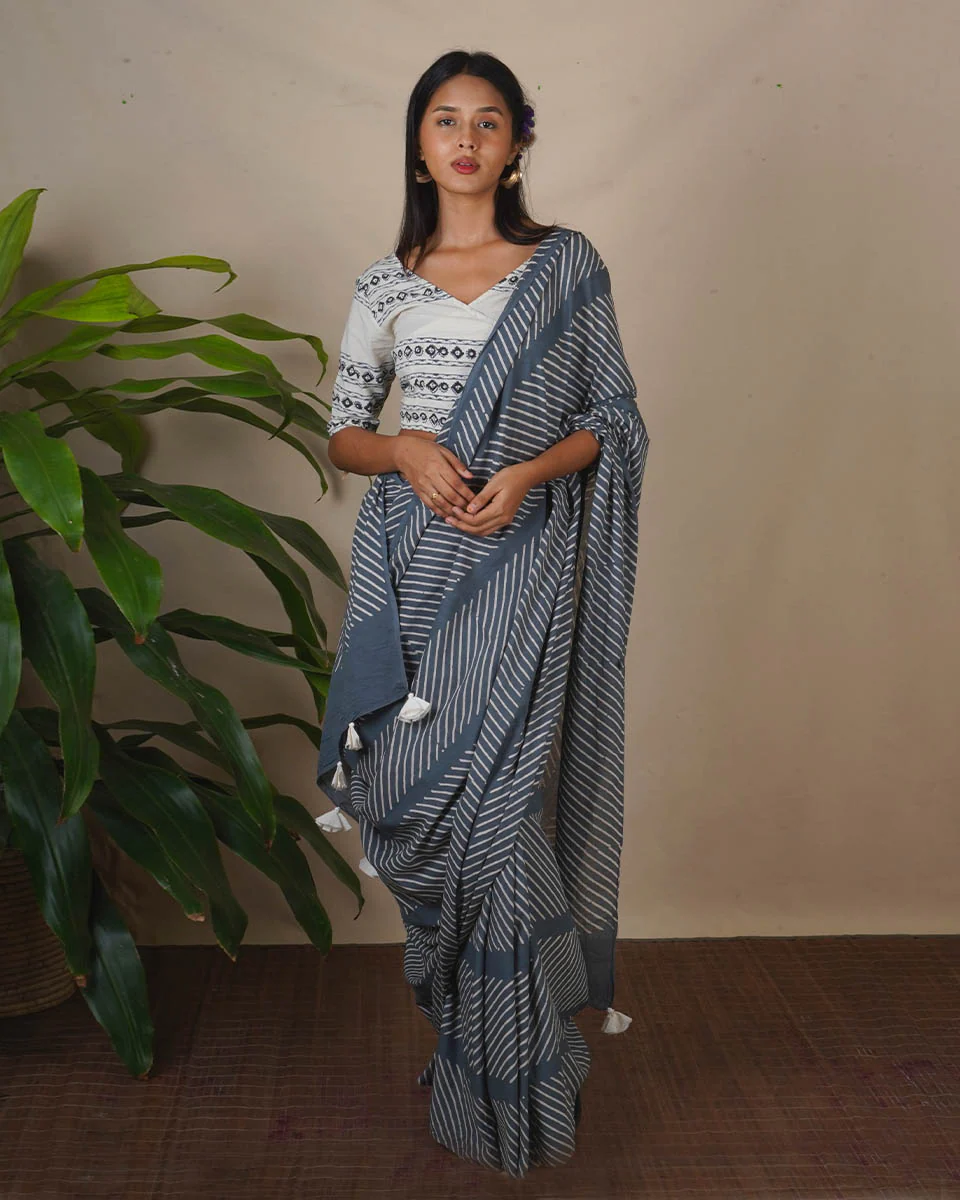 Moon Smoke Grey Block Printed Saree - BMS - Image 3