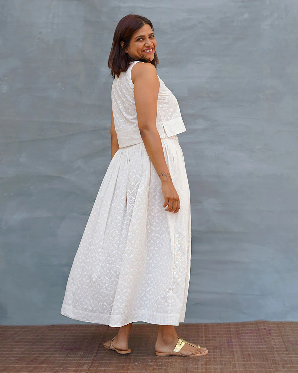 Moonflower White Handblock Print Cotton Top - Safed - Image 7