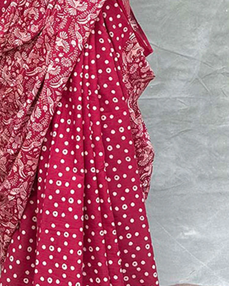 Moonlight Maroon Block printed Cotton Saree - Soil - Image 4
