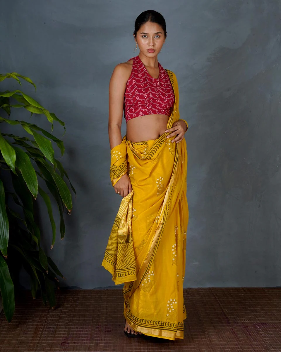 Mriga Yellow Hand Block Printed Cotton Saree-MYA - Image 10
