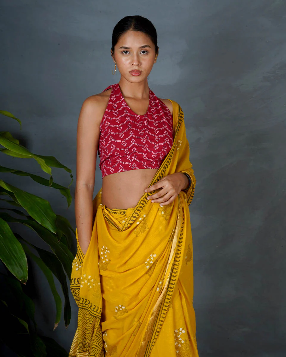 Mriga Yellow Hand Block Printed Cotton Saree-MYA - Image 4